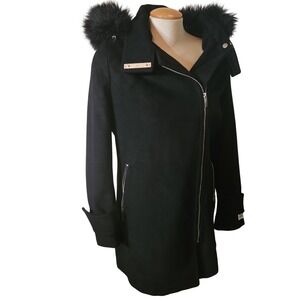 Calvin Klein Wool Blend Black Asymmetrical Zip Blend‎ Coat Faux Fur Hood
